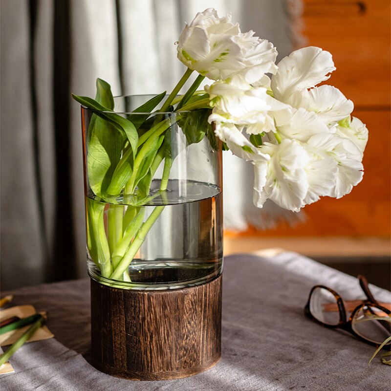 Luxury Glass Vase with Wooden Bracket High-grade Living Room Creative Transparent Flower Vessel Home Decoration Accessories Hot