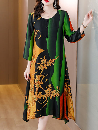 2023 Green Boho Floral Silk Fancy Women's Dress Korean Vintage Dresses for Elegant Ladies Spring Summer New Chic Prom Vestidos