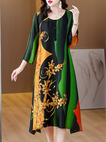 2023 Green Boho Floral Silk Fancy Women's Dress Korean Vintage Dresses for Elegant Ladies Spring Summer New Chic Prom Vestidos