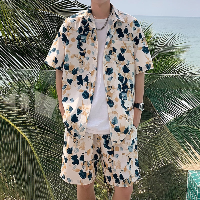 Summer Men Shorts Set Matching Shirts Letter Striped Floral Printing Lightweight Short Sleeve Elastic Waist Oversize Suit Man