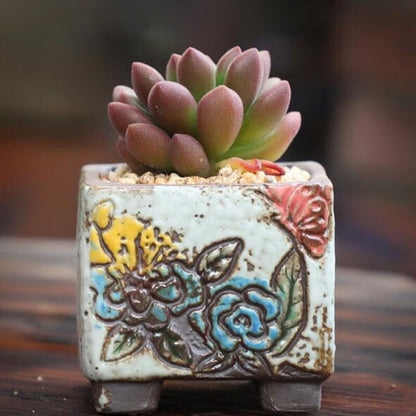 Coarse Pottery Retro Colorful Painted Flower Pot with Foot Stand Succulent Plant Flowerpot Bonsai Planter Vase Desktop Ornaments