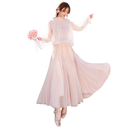 2020 autumn new feather tassel mesh splicing ladies temperament long stand-up collar long-sleeved dress
