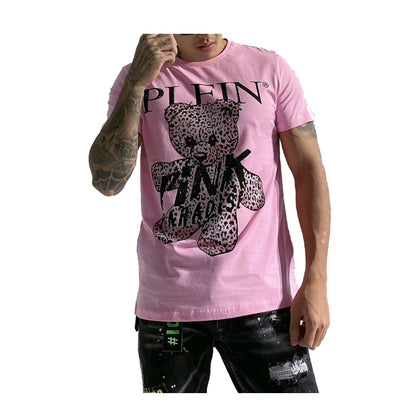 tshirt men cartoon rhinestones teddy bear plein embroidey  summer casual wear cotton shortsleeve pink paradise men clothing new