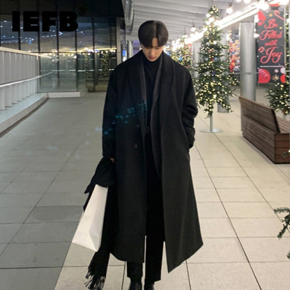 IEFB Korean Trend Men's Loose Casual Single-breasted Overcoat Autumn Winter Fashion New Long Sleeve Woolen Long Coat 9D1665