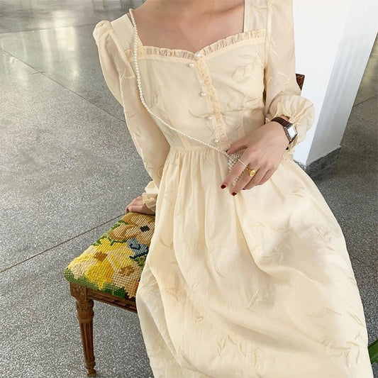 Midi Dress Women French Elegant Vintage Square Collar Long Puff Sleeve Party Chic Retro Dress Korean 2020 Autumn Clothing