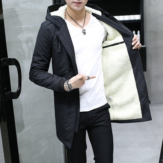 Men's Windbreaker Long Parka Hooded Korean Warm Anorak Coat Male Cotton Male Clothing Fur Fleece Men Winter Jacket